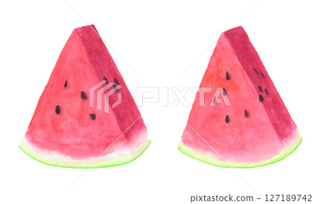Watercolor hand-drawn illustration of cut watermelon 127189742