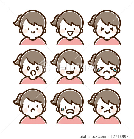 Ponytail girl upper body facial expression illustration set (color) 127189983