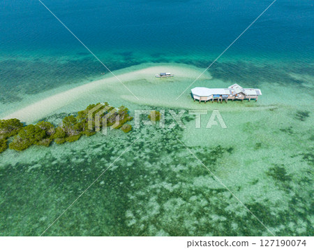 Drone view of sandbar and mangroves. Vanishing Island. Samal, Davao. Philippines. Drone view of sandbar and mangroves. Vanishing Island. Samal, Davao. Philippines. 127190074