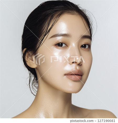Close-up of a woman's face with moisturized skin after applying beauty serum 127190081