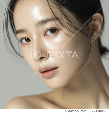 Close-up of a woman's face with moisturized skin after applying beauty serum 127190083