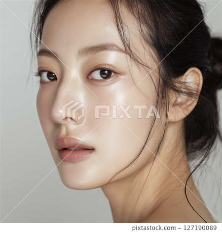 特寫鏡頭：一位女性的臉部，塗抹美容精華液後，皮膚變得濕潤 127190089