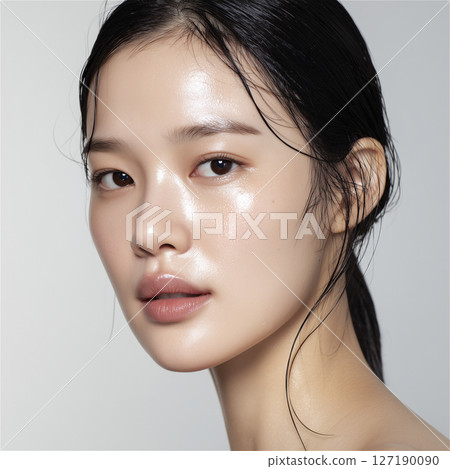 特寫鏡頭：一位女性的臉部，塗抹美容精華液後，皮膚變得濕潤 127190090
