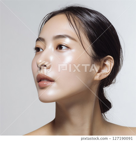 特寫鏡頭：一位女性的臉部，塗抹美容精華液後，皮膚變得濕潤 127190091