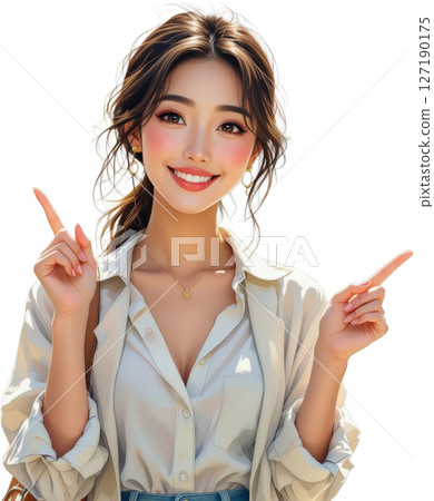 一位女士指著並微笑(透明背景) 一位女士指著並微笑(透明背景) 127190175