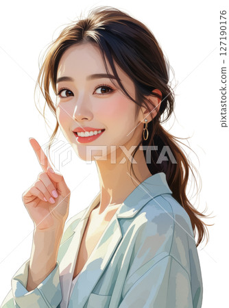 一位女士指著並微笑（透明背景） 127190176