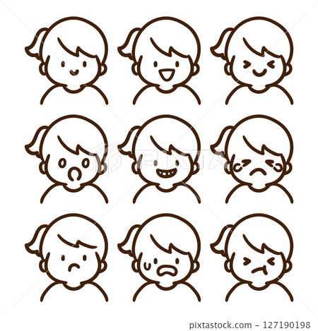 Ponytail girl upper body facial expression illustration set (black and white) 127190198