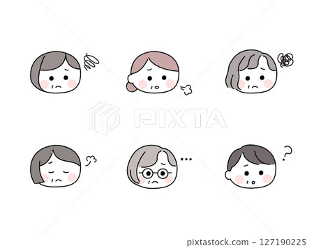 寬鬆可愛的手繪風格臉部套裝/焦慮的老年婦女 寬鬆可愛的手繪風格臉部套裝/焦慮的老年婦女 127190225