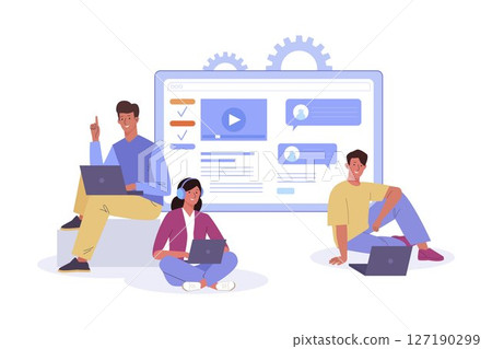 Young people sitting in difference pose using laptop for work or study. Concept of online distance education, E-learning by webinar training, video lecture 127190299