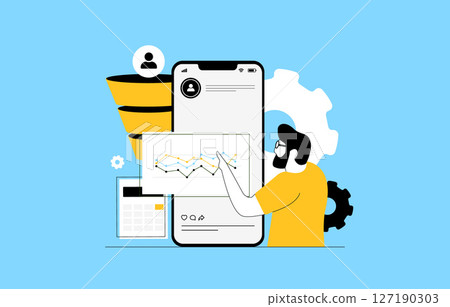 User behavior analytics. Understanding people behind the metrics. Digital strategy with smart interface, customer insights, real-time feedback, human-centric metrics and UX data flow illustration User behavior analytics. Understanding people behind the metrics. Digital strategy with smart interface, customer insights, real-time feedback, human-centric metrics and UX data flow illustration 127190303