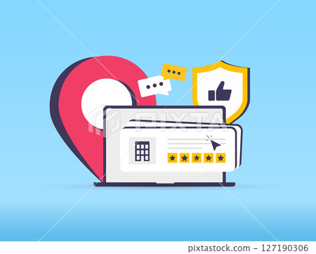 Local reputation management drives community trust with visual feedback icons, local review analytics and review alerts enhancing brand credibility and customer insight vector illustration 127190306