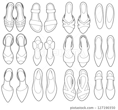 Vector set of contour various women summer shoes. Monochrome outline illustration of sandals and flats in modern minimal style. 127190350