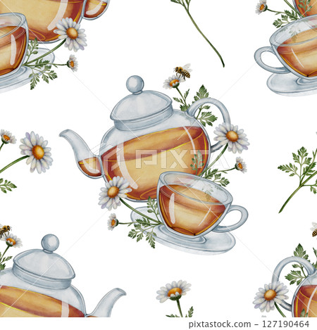 Seamless pattern with chamomile tea and teapot 127190464