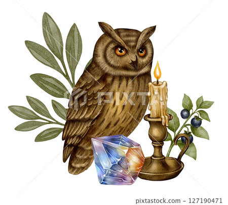 Mystical Owl with Candle and Crystal 127190471