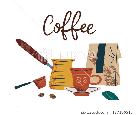 Vector illustration of Turkish coffee composition. Traditional cezve, ornate cup with saucer, coffee beans and leaf, handwritten coffee text, flat cartoon beverage, brewing theme, colored clipart 127190513