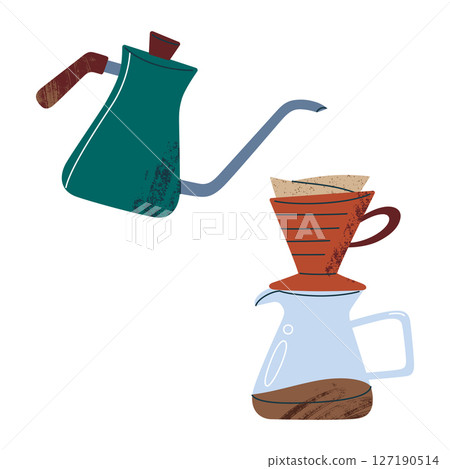 Vector illustration of pour over coffee preparation. Hand brewing method with gooseneck kettle, glass carafe and dripper, flat cartoon icon for cafe, manual brewing and coffee culture themes 127190514
