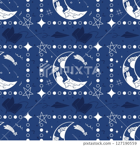 Cute Bunny and Moon Seamless Pattern on Night Sky Background 127190559