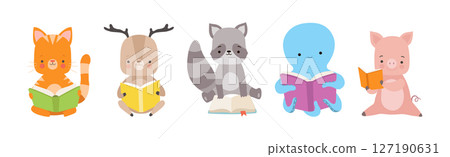 Cute Animals Reading Book in Hard Cover Enjoying Interesting Story Vector Set 127190631