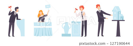 Public Auction Sale with People Character Bidding and Buying Goods Vector Set 127190644