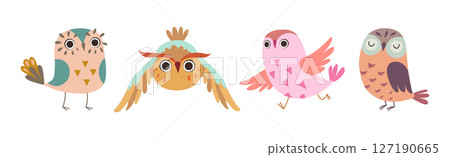 Cute Owl Bird Feathered Flying Animal with Wings Vector Set 127190665