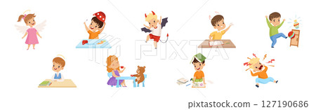 Naughty and Obedient Kids with Good Manners and Hooligans Vector Illustration Set Naughty and Obedient Kids with Good Manners and Hooligans Vector Illustration Set 127190686