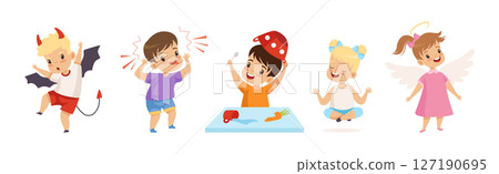 Naughty and Obedient Kids with Good Manners and Hooligans Vector Illustration Set 127190695