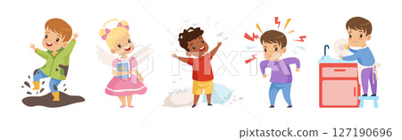 Naughty and Obedient Kids with Good Manners and Hooligans Vector Illustration Set 127190696