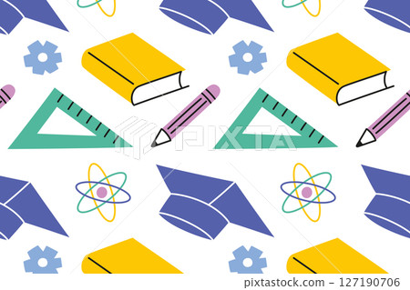 Seamless pattern on school and education theme. Book, pencil, gear and graduation cap, flat cartoon background for knowledge, learning, achievement and academic celebration, vector illustration 127190706