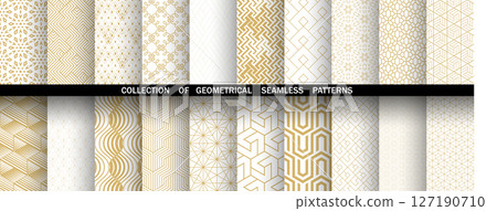 Geometric set of seamless golden and white patterns. Simple vector graphics 127190710