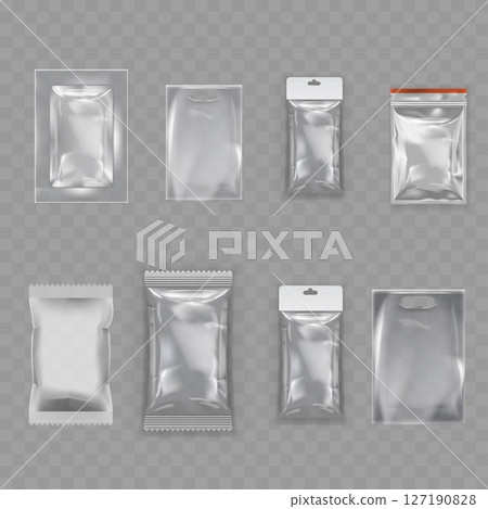 Transparent Plastic Packaging Mockup Set - Realistic Pouch Collection. Vector 127190828