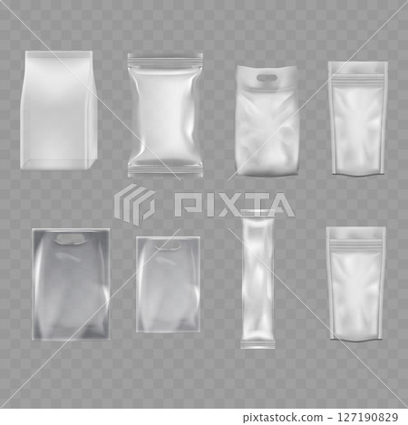Transparent Plastic Packaging Mockup Set - Realistic Pouch Collection. Vector 127190829