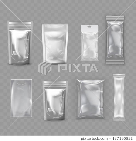 Transparent Plastic Packaging Mockup Set - Realistic Pouch Collection. Vector 127190831