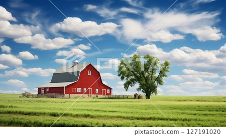 Minnesota Farmland: Lush Green Fields Under a Cloudy Blue Sky. Generative ai Minnesota Farmland: Lush Green Fields Under a Cloudy Blue Sky. Generative ai 127191020
