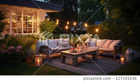Suburban Serenity: Summer Evening Patio with Garden Lights and Wicker Decor. Generative ai 127191036