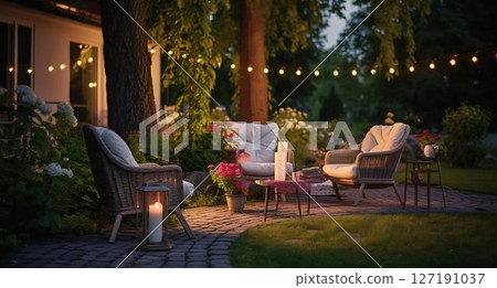 Suburban Serenity: Summer Evening Patio with Garden Lights and Wicker Decor. Generative ai 127191037