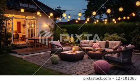 Suburban Serenity: Summer Evening Patio with Garden Lights and Wicker Decor. Generative ai 127191063