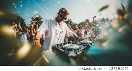DJ Energizing the White Party Festival Outdoors. Generative ai 127191071