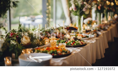 Elegant Wedding Buffet Spread Awaiting Guests. Generative ai 127191072