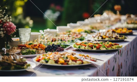 Elegant Wedding Buffet Spread Awaiting Guests. Generative ai 127191074