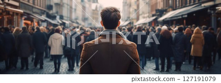 Lone Man Amidst the Bustling Street Crowd. Generative ai Lone Man Amidst the Bustling Street Crowd. Generative ai 127191079