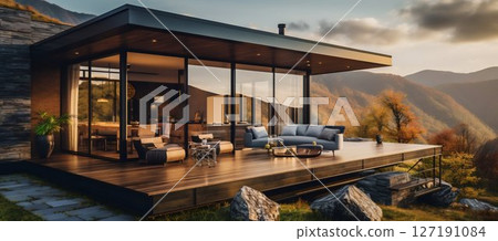 Luxury Villa with Mountain Views: Modern Minimalist Glamping. Generative ai Luxury Villa with Mountain Views: Modern Minimalist Glamping. Generative ai 127191084