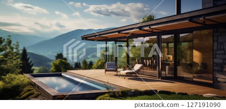 Luxury Villa with Mountain Views: Modern Minimalist Glamping. Generative ai 127191090