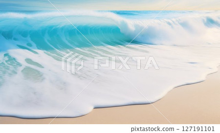 Seaside Serenity: Beautiful Sandy Beach with Soft Blue Ocean Waves. Generative ai 127191101