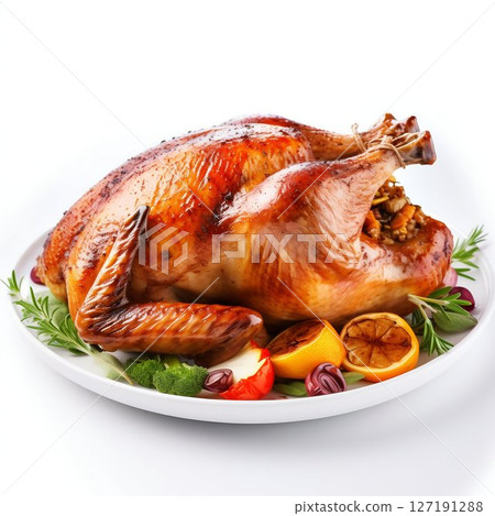 Perfectly Roasted Turkey Isolated on White. Generative ai Perfectly Roasted Turkey Isolated on White. Generative ai 127191288