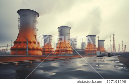 Fukushima Nuclear Plant Chimneys Overview. Generative ai 127191296