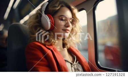 Melodic Journey: Young Woman Immersed in Music While on Train. Generative ai Melodic Journey: Young Woman Immersed in Music While on Train. Generative ai 127191328