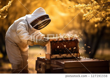 Sweet Harvest: Beekeeper Tending to Hives in Honey Farming. Generative ai 127191338
