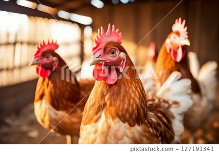 Group of Chickens Roaming Indoors in Farm Yard. Generative ai 127191341