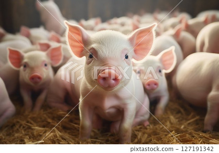 Group of Piglets Indoors in Farm Yard Setting. Generative ai 127191342