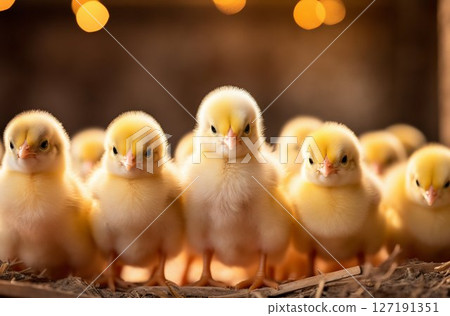 Tiny Flock: Group of Chicks Thriving Indoors in Farm Yard. Generative ai 127191351